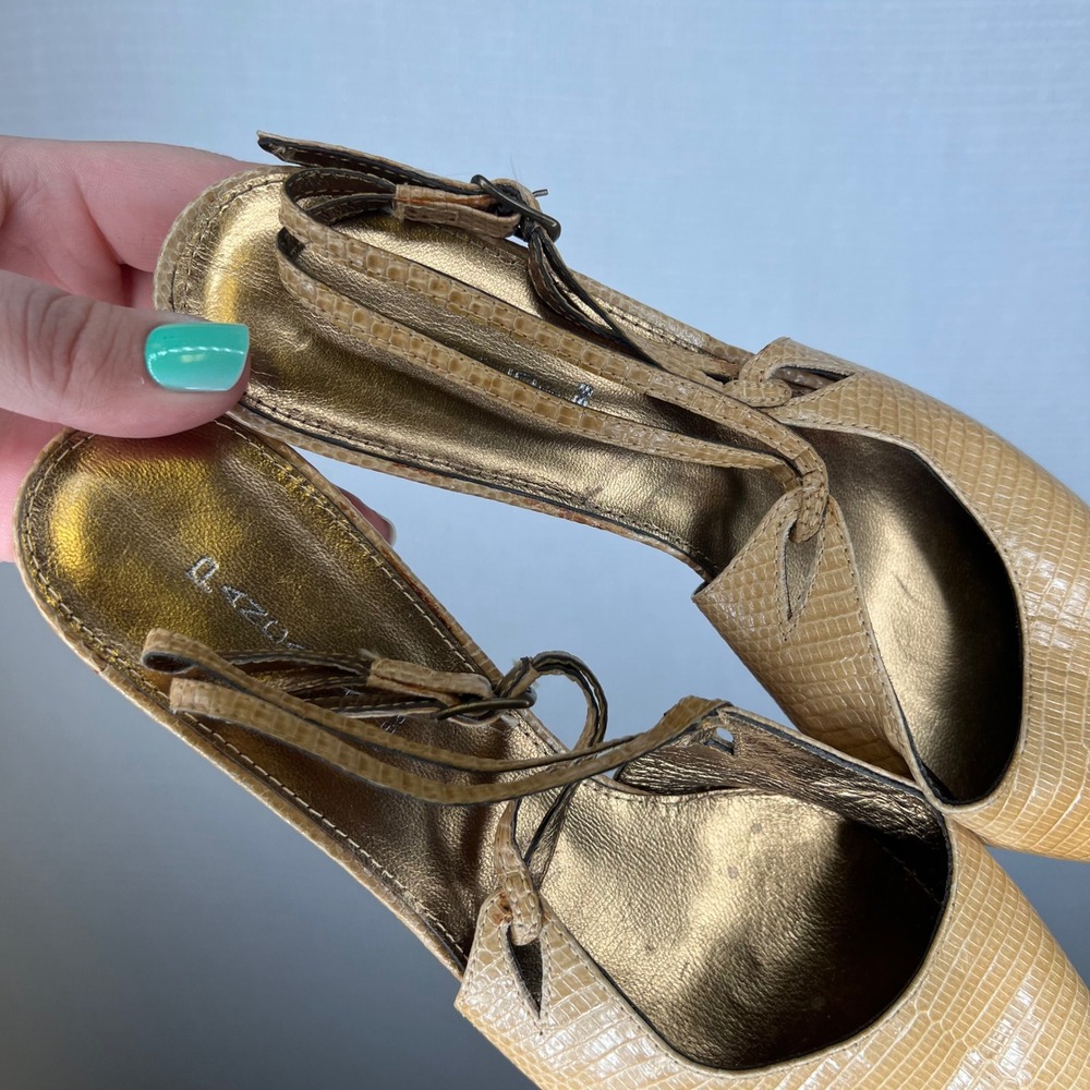 Pancaldi Tan Lizard Embossed Leather Slingback Kitten Heels Made in Italy 37 - Picture 3 of 7